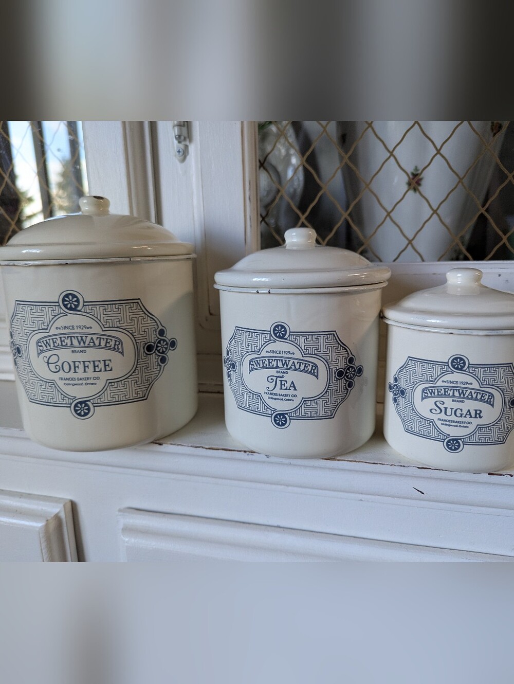 Rustic Farmhouse VTG Tin Canister Set Cream Ceramic Coffee, Tea & Sugar